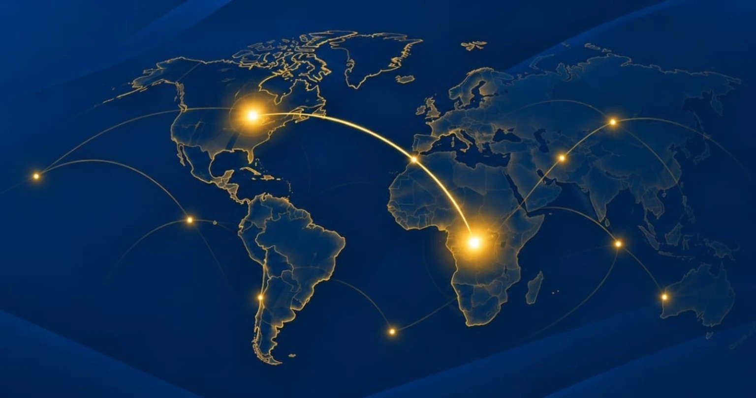 Stylized map illustrating economic connections between international markets.