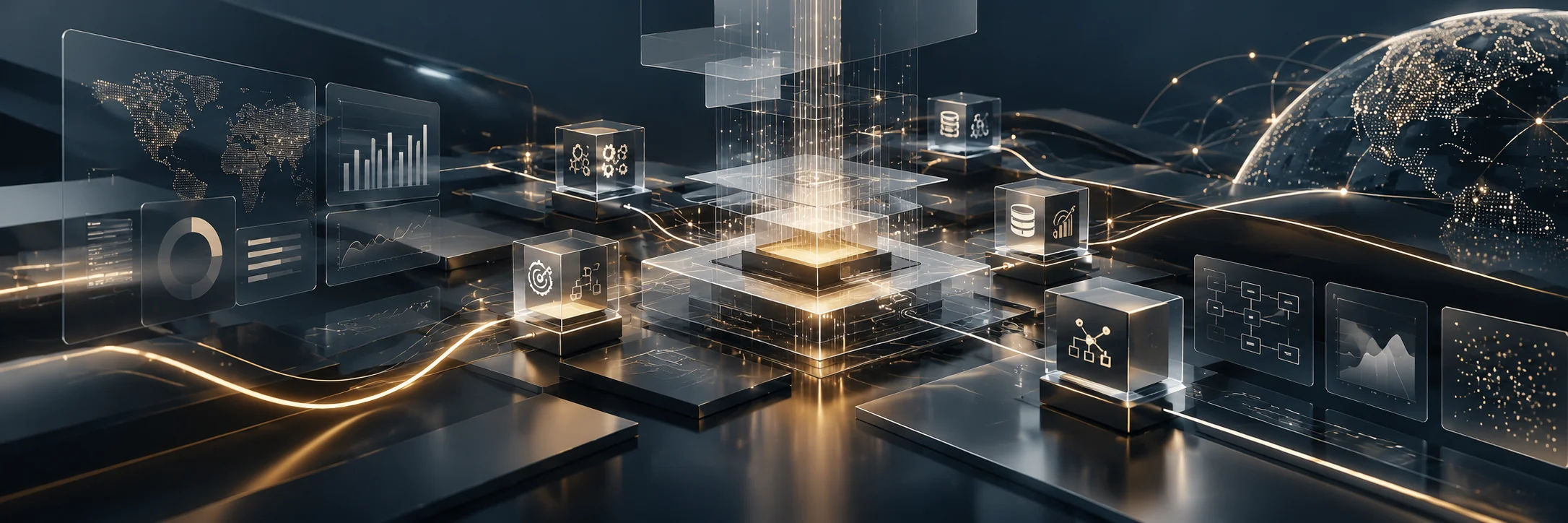 Abstract architecture of data, automation, and interconnected intelligent systems.
