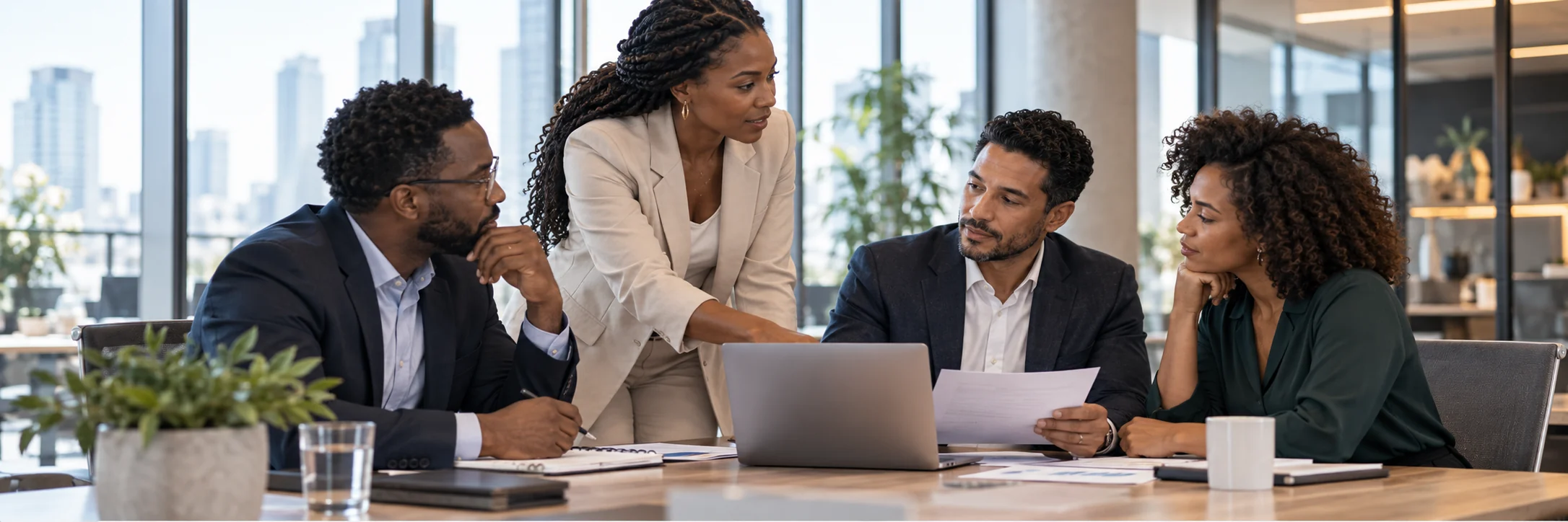 Diverse executive team collaborating on a strategic initiative.