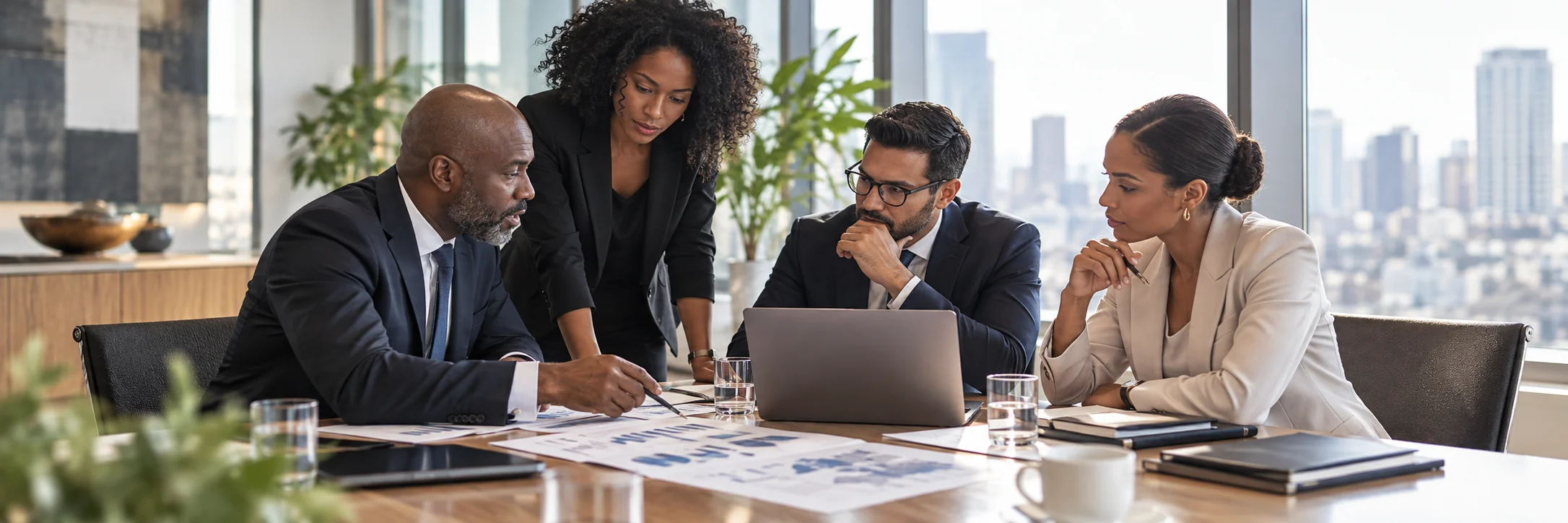 Executive team reviewing financial analyses around a table.