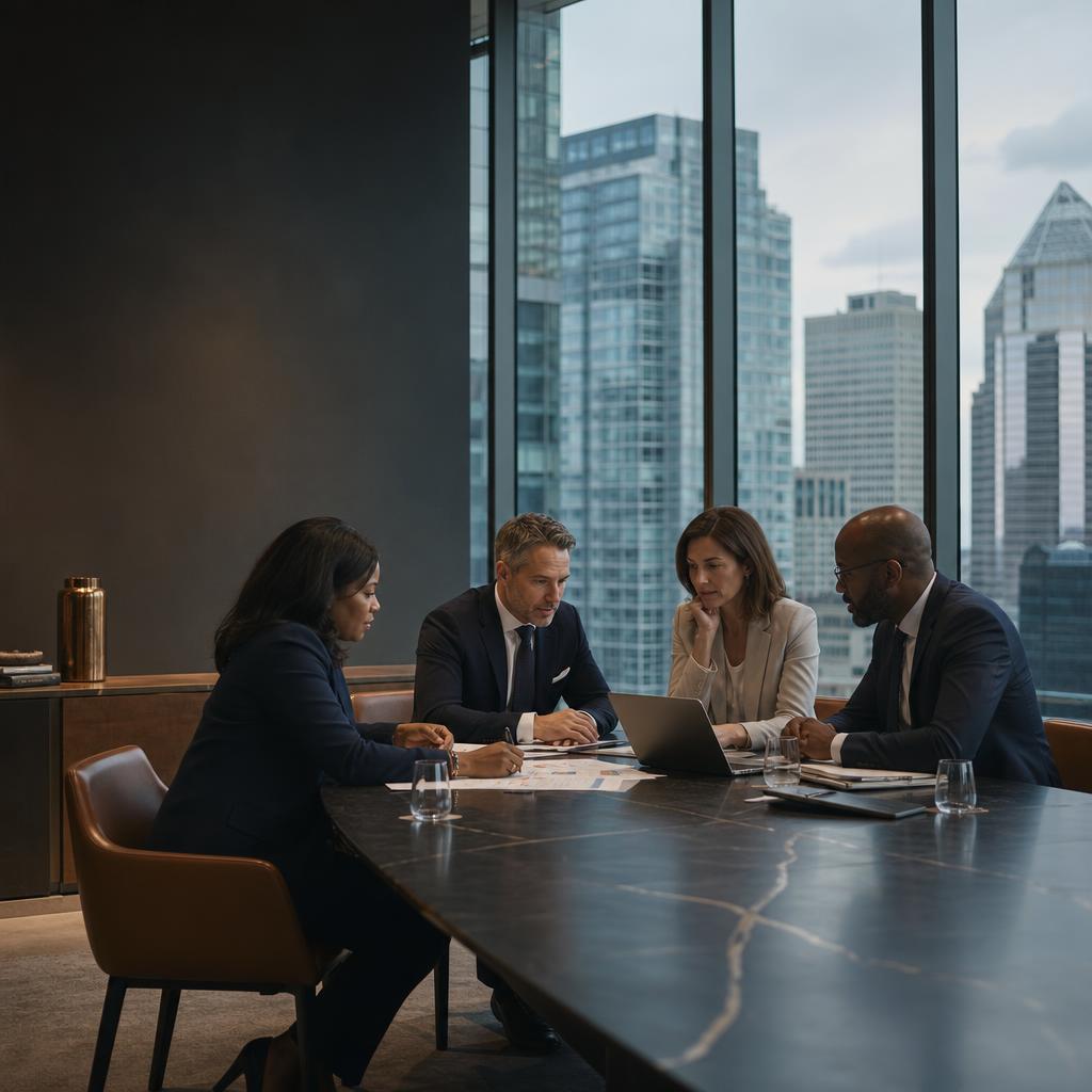 Four professionals working together around a table.
