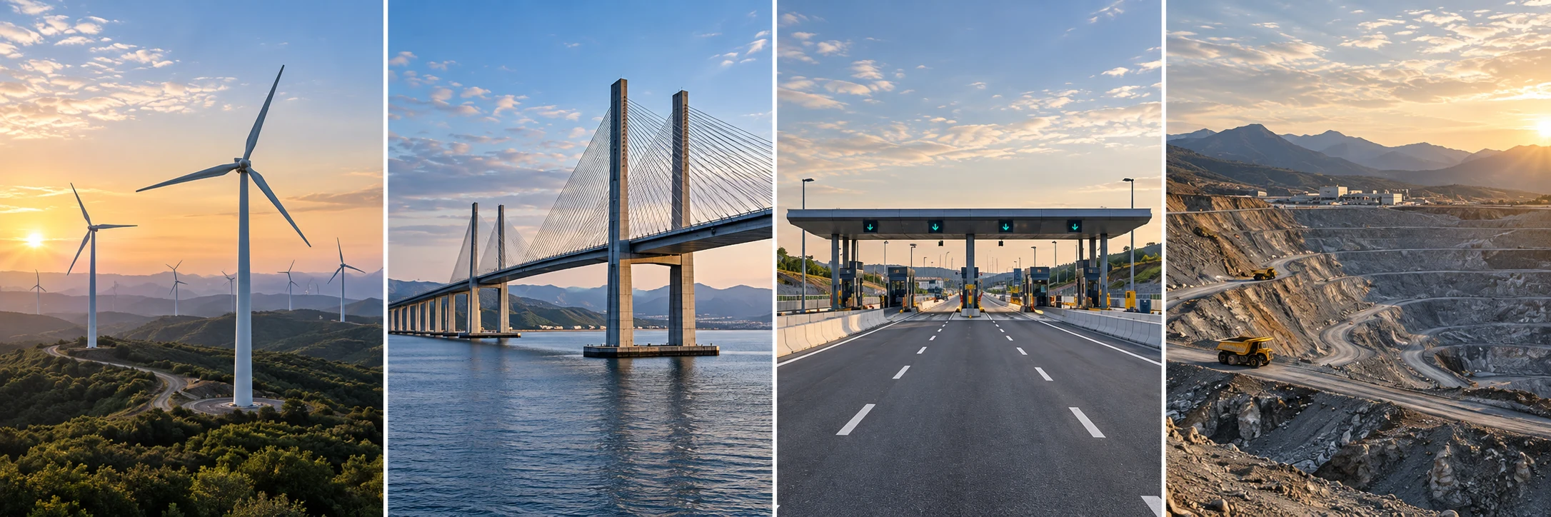Four-part infrastructure mosaic showing a wind farm, bridge, toll highway, and open-pit mine.